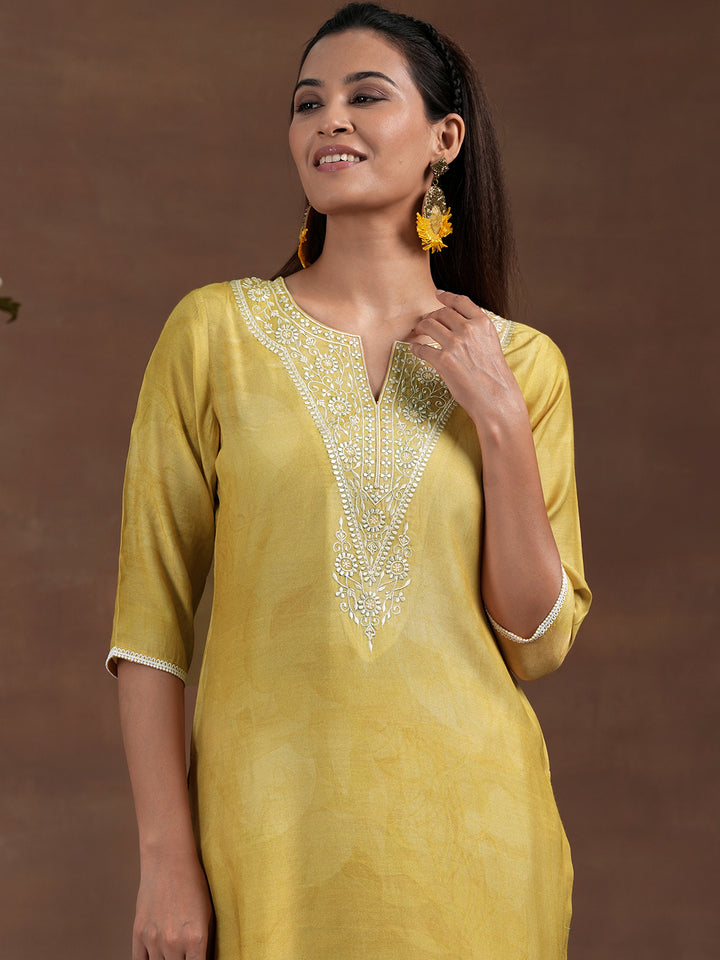 Yellow Yoke Design Silk Blend Straight Suit With Dupatta