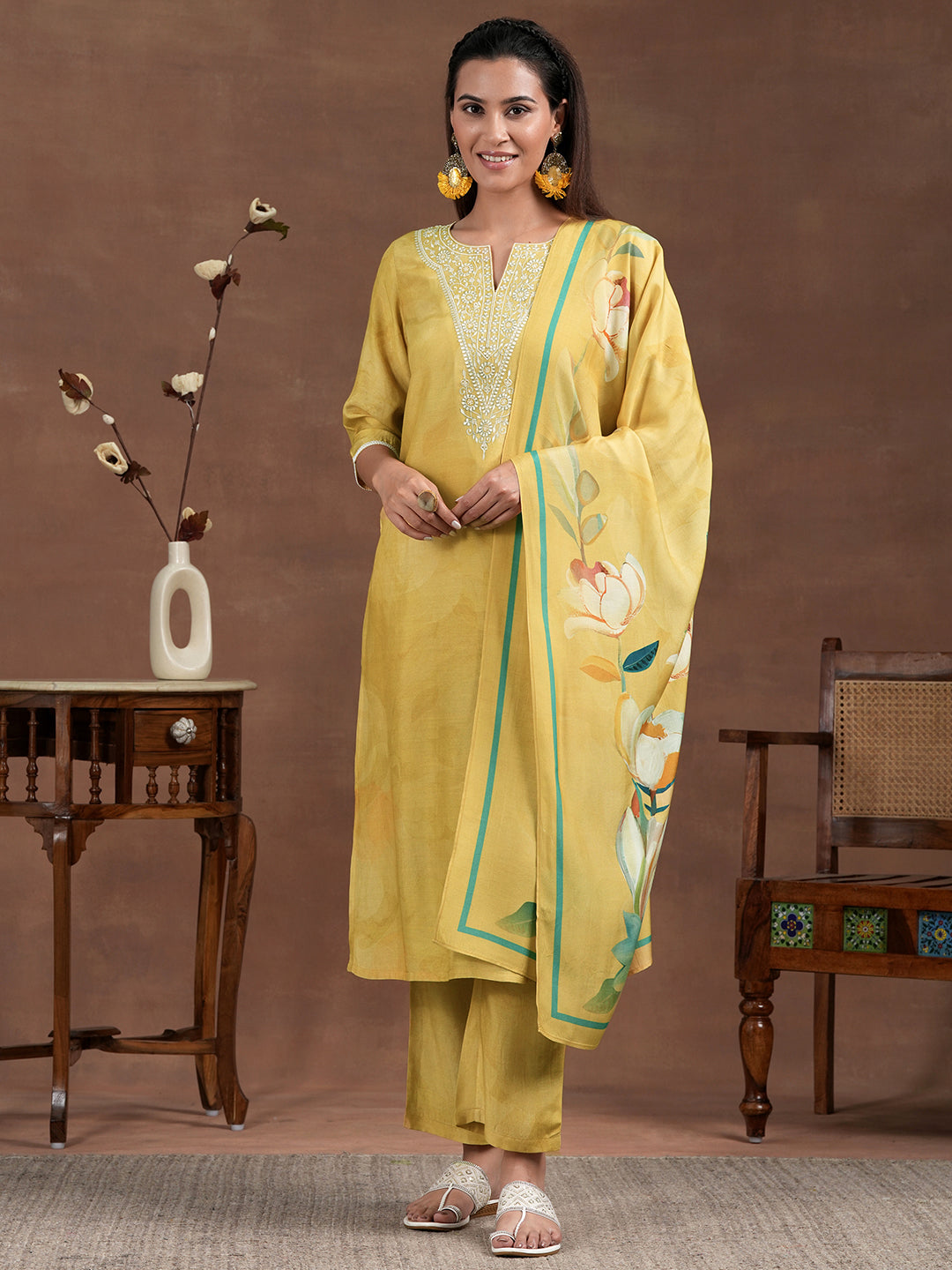 Yellow Yoke Design Silk Blend Straight Suit With Dupatta