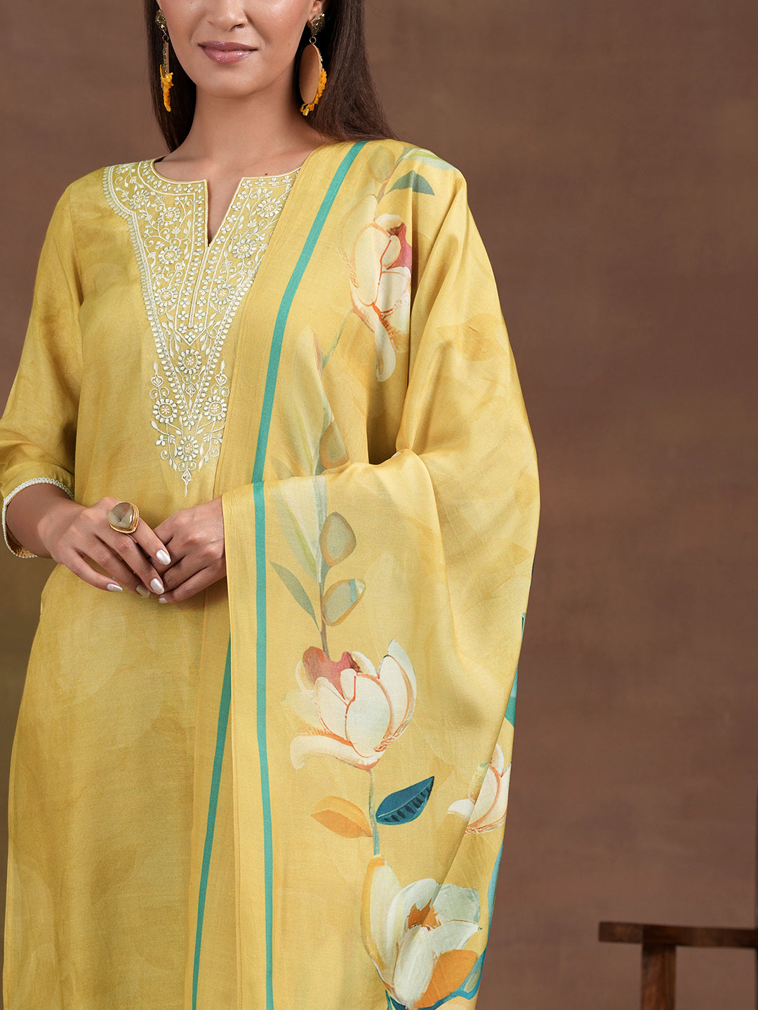 Yellow Yoke Design Silk Blend Straight Suit With Dupatta