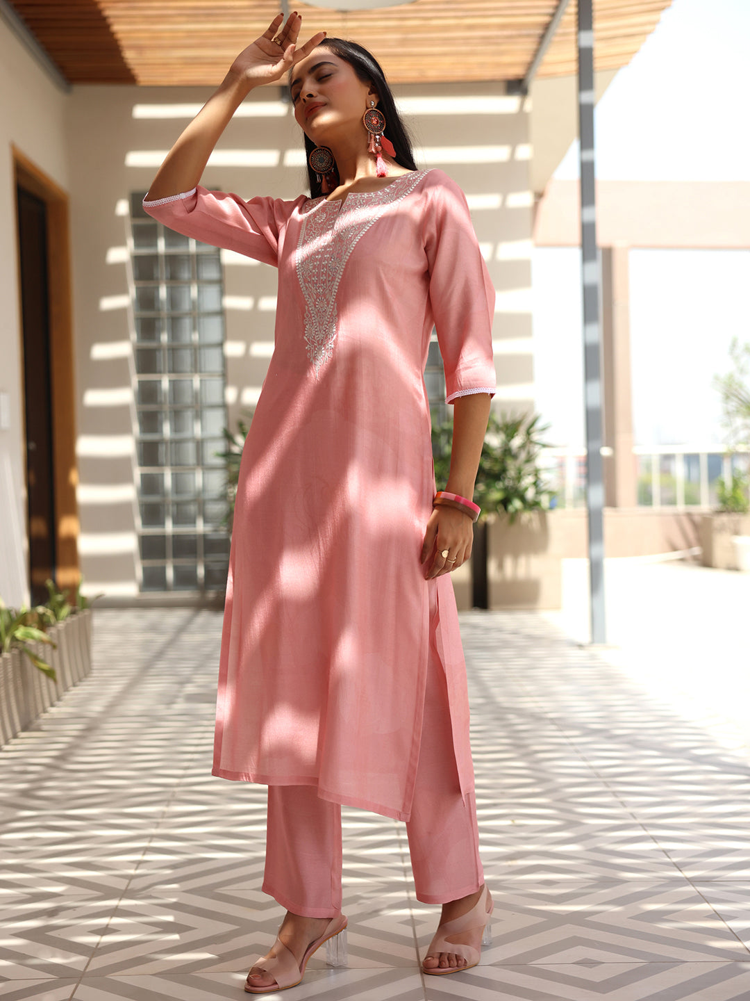 Pink Yoke Design Silk Blend Straight Suit With Dupatta