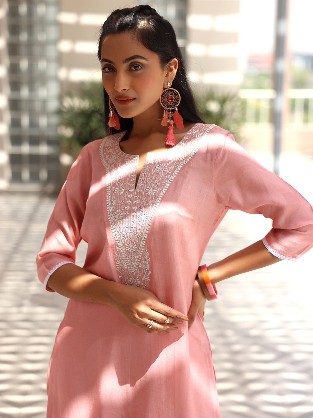 Pink Yoke Design Silk Blend Straight Suit With Dupatta