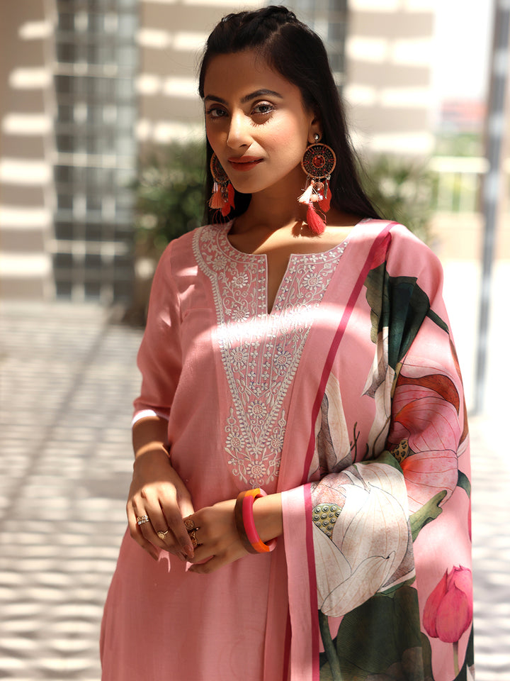 Pink Yoke Design Silk Blend Straight Suit With Dupatta