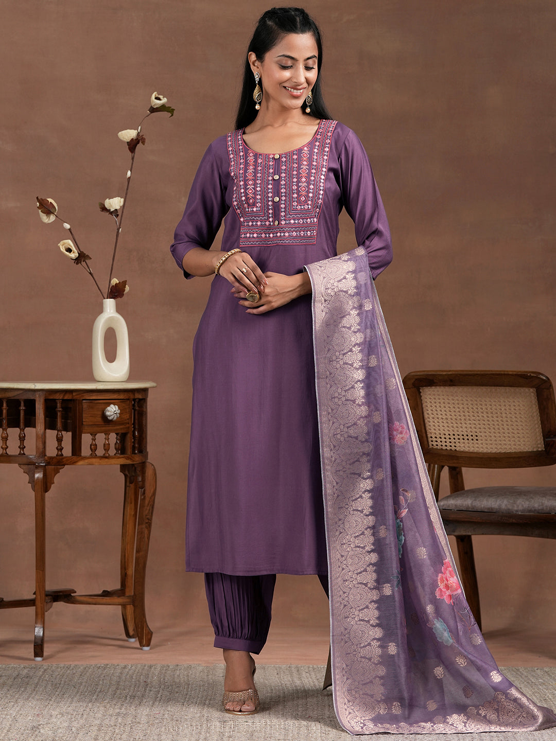 Purple Yoke Design Silk Blend Straight Suit With Dupatta