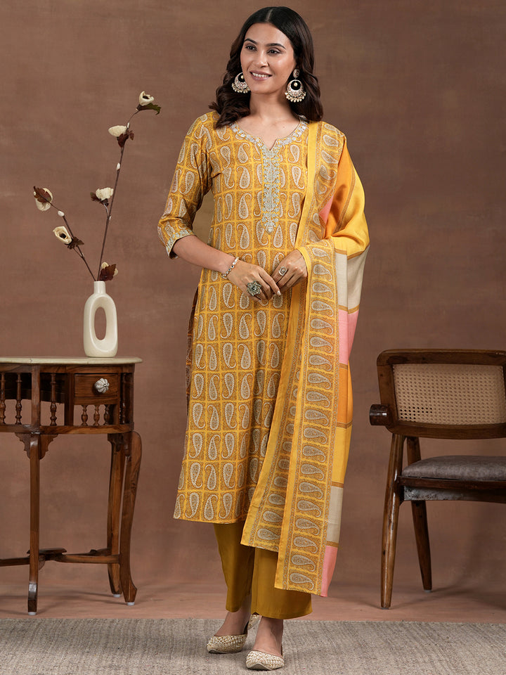 Mustard Printed Silk Blend Straight Suit With Dupatta