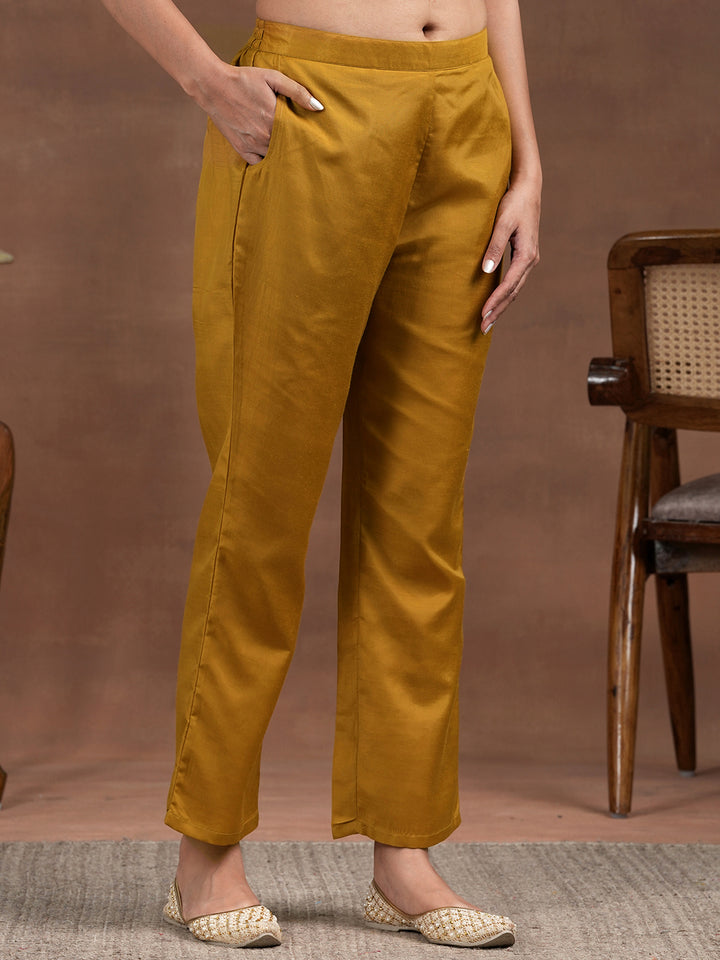 Mustard Printed Silk Blend Straight Suit With Dupatta