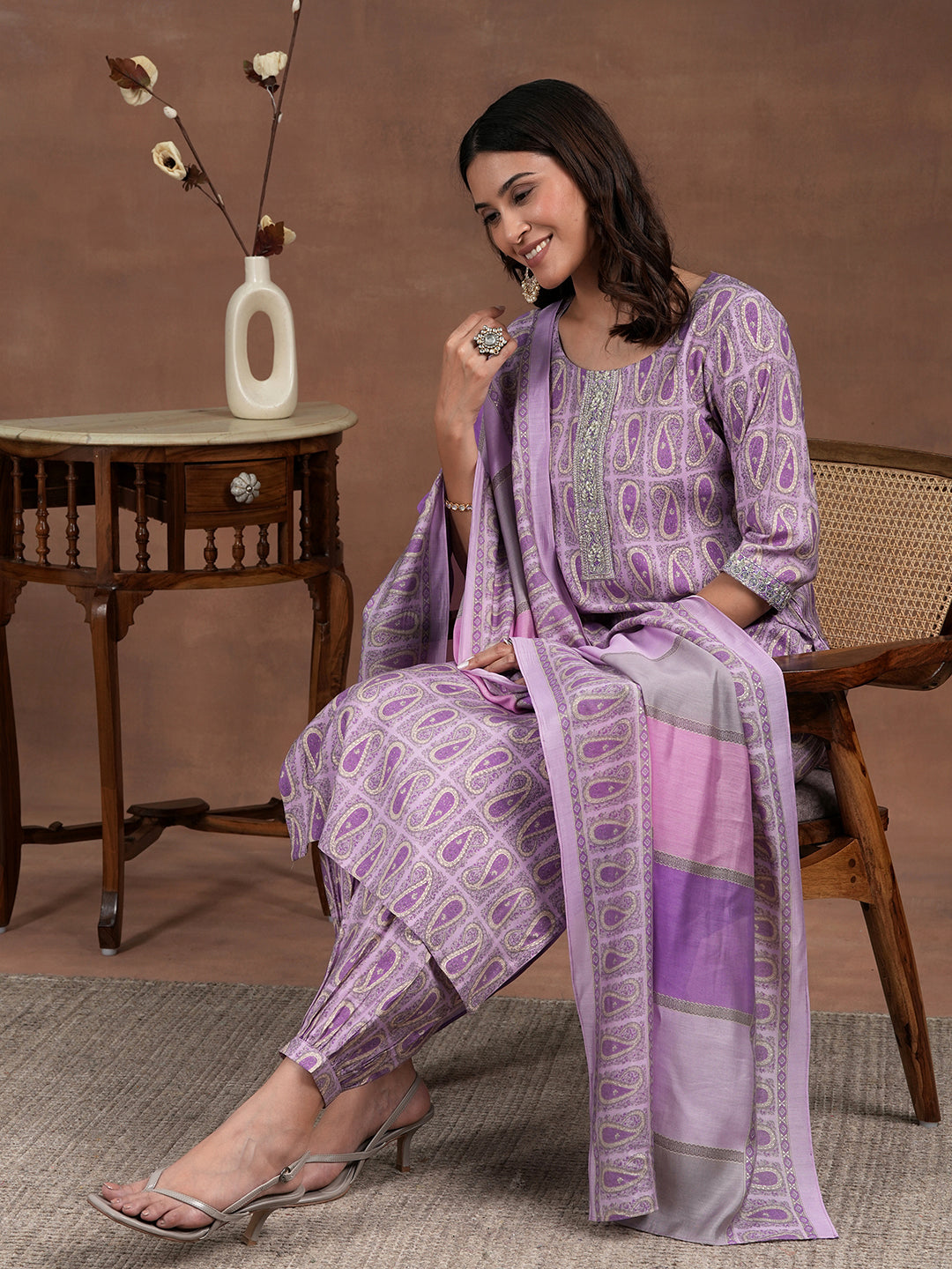 Purple Printed Silk Blend Straight Suit Set With Dupatta