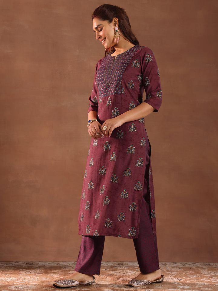 Rust Printed Silk Blend Straight Suit With Dupatta