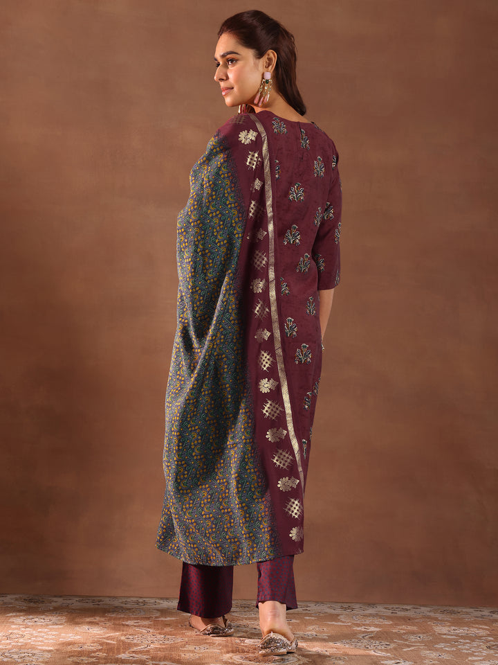 Rust Printed Silk Blend Straight Suit With Dupatta