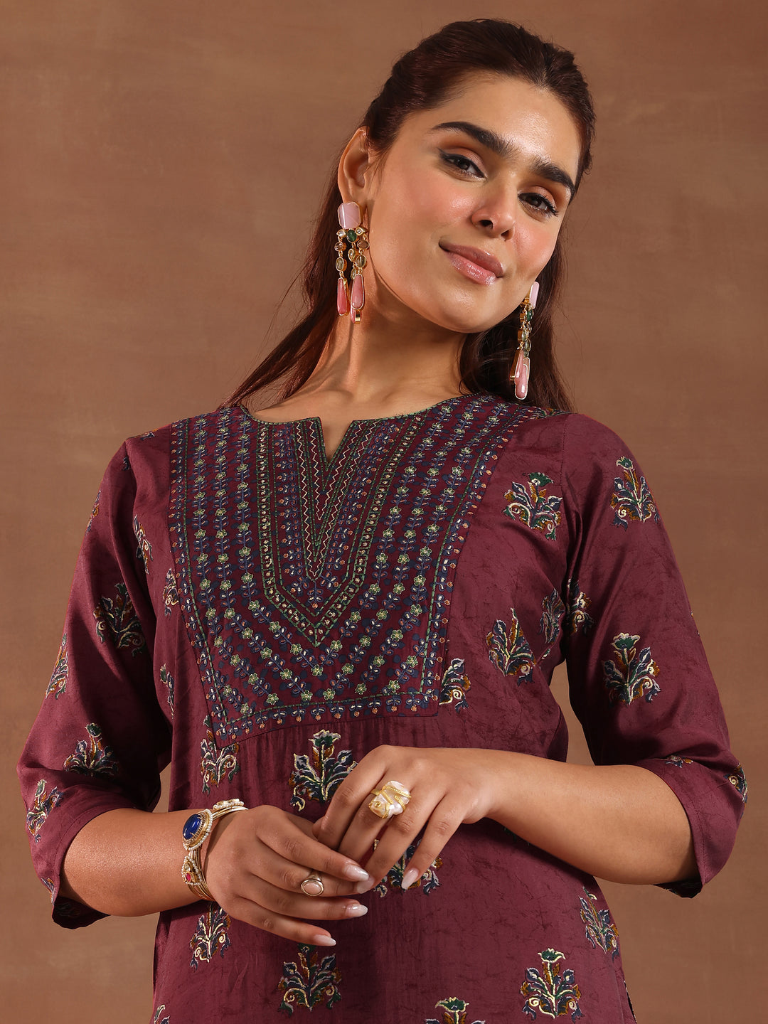 Rust Printed Silk Blend Straight Suit With Dupatta