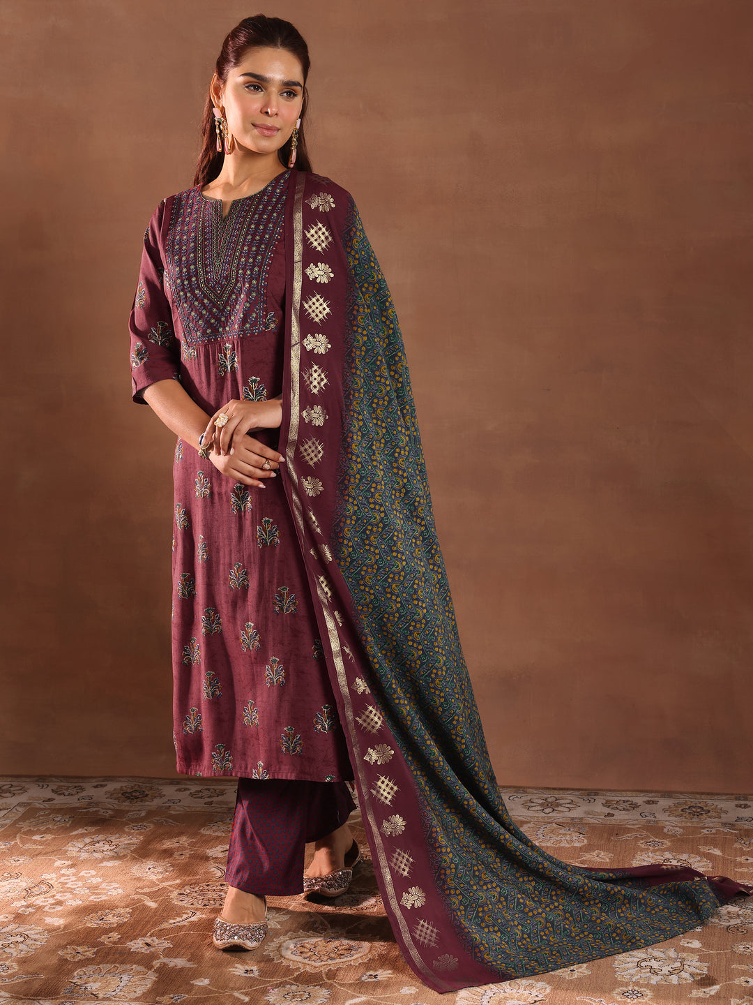 Rust Printed Silk Blend Straight Suit With Dupatta