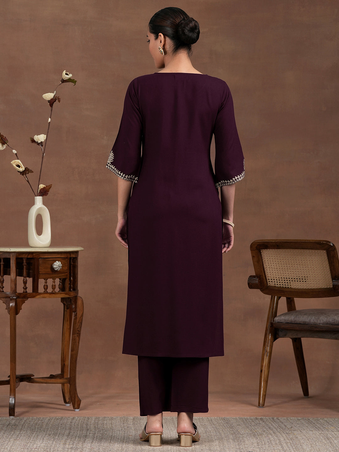 Wine Yoke Design Rayon Straight Kurta Set