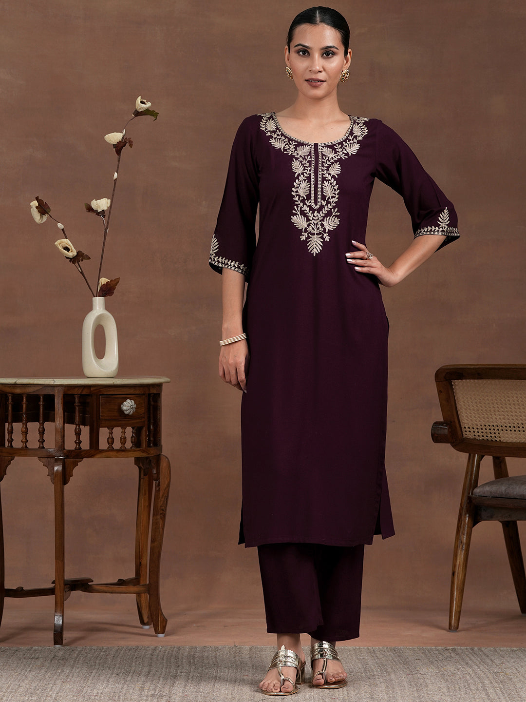 Wine Yoke Design Rayon Straight Kurta Set