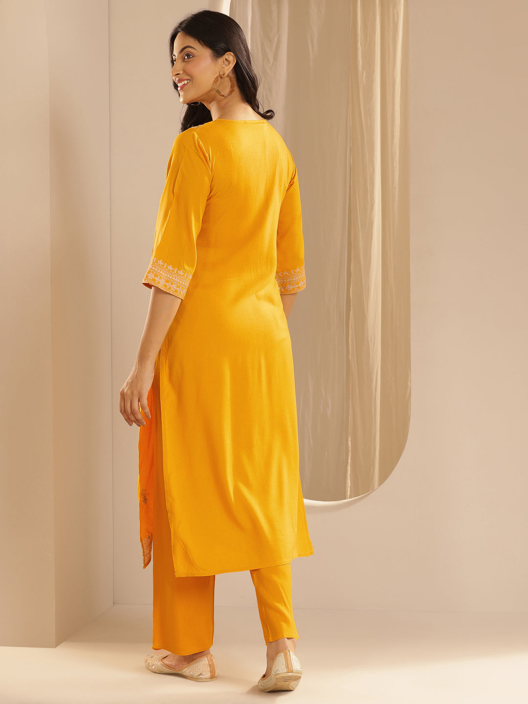 Yellow Embroidered Rayon Straight Kurta Set