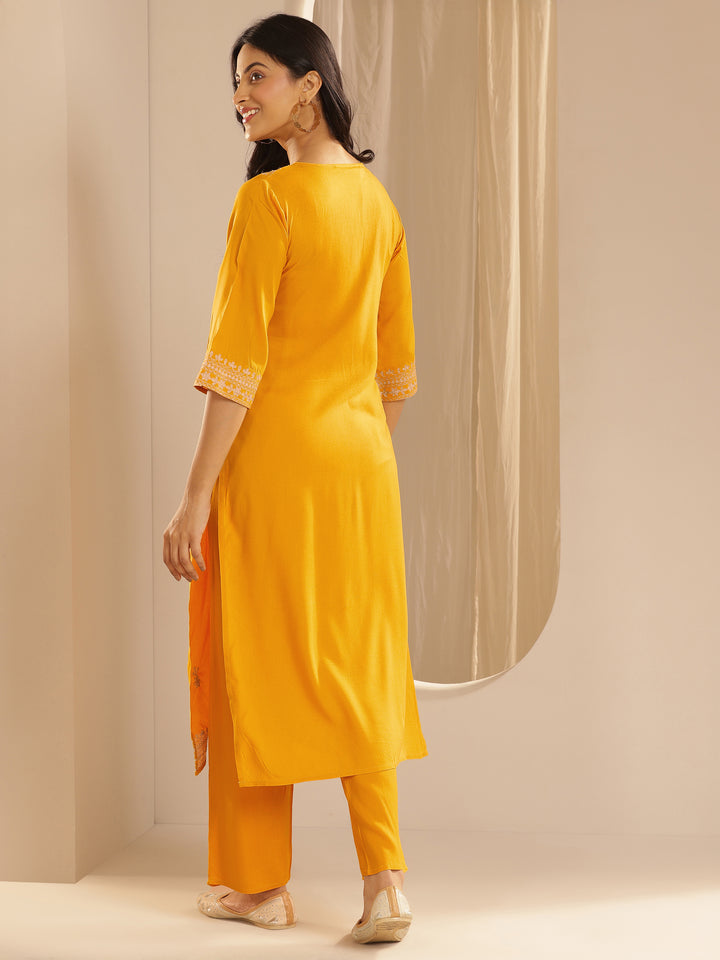 Yellow Embroidered Rayon Straight Kurta Set
