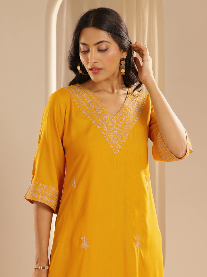 Yellow Embroidered Rayon Straight Kurta Set