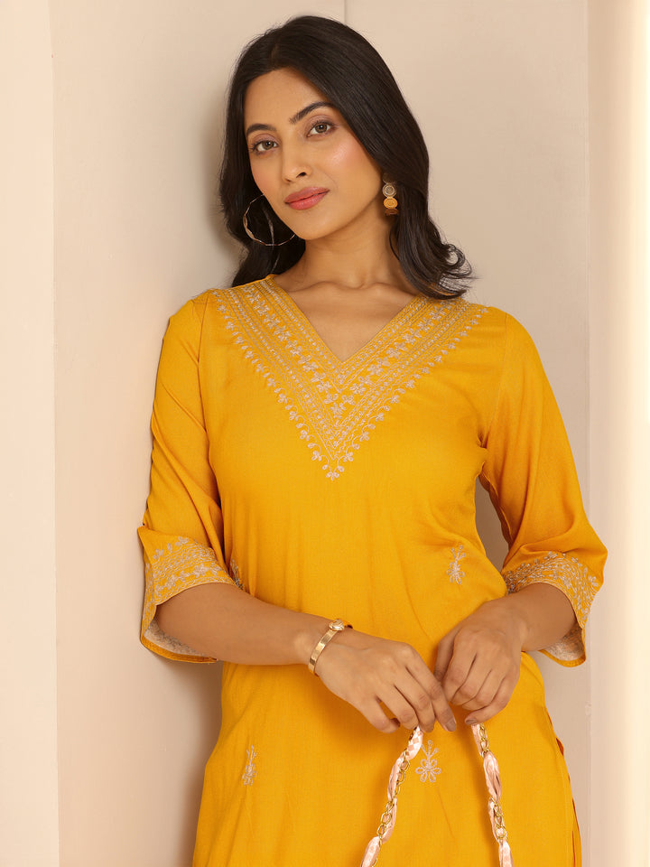 Yellow Embroidered Rayon Straight Kurta Set