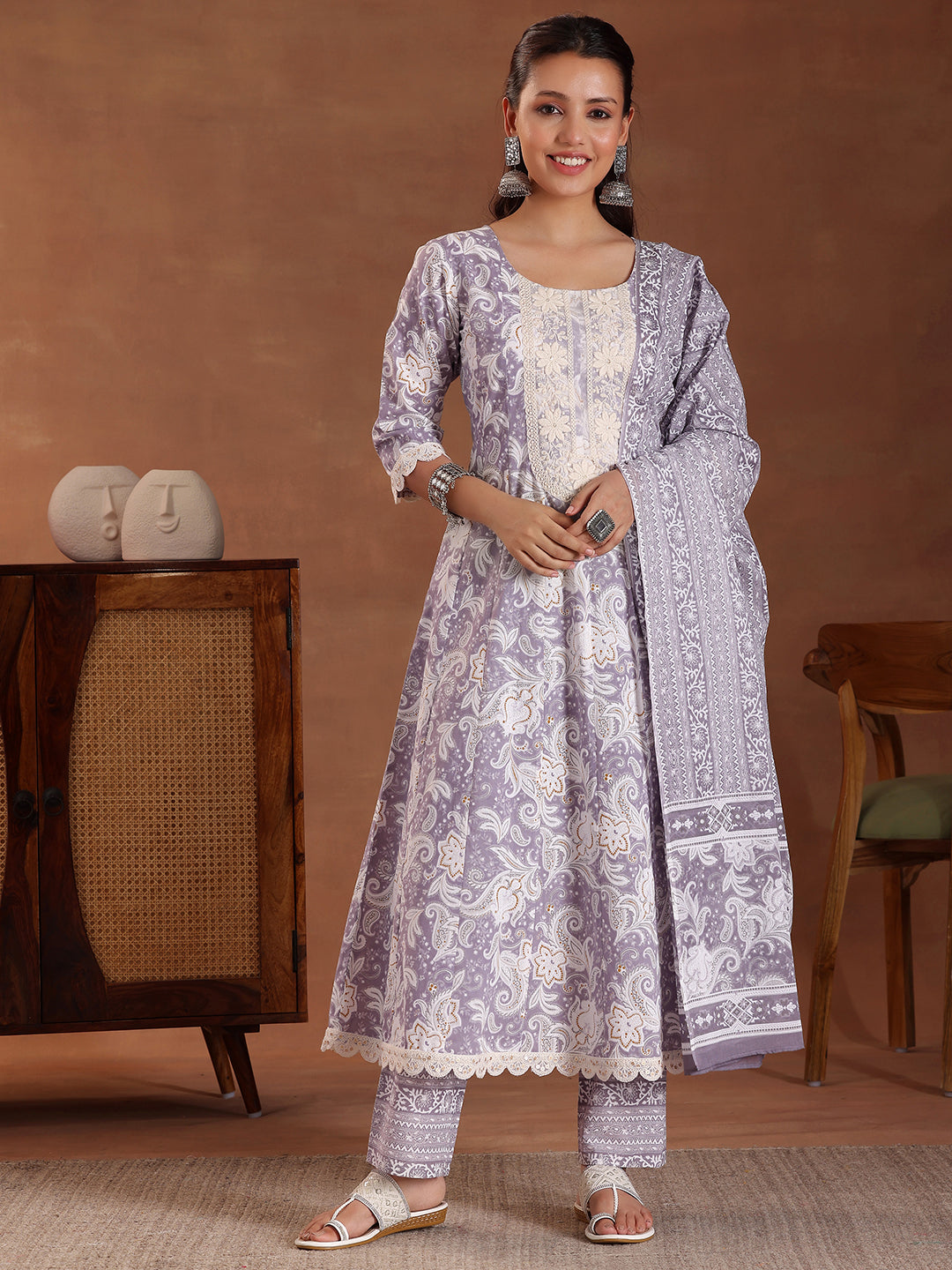 Mauve Printed Cotton Anarkali Suit With Dupatta