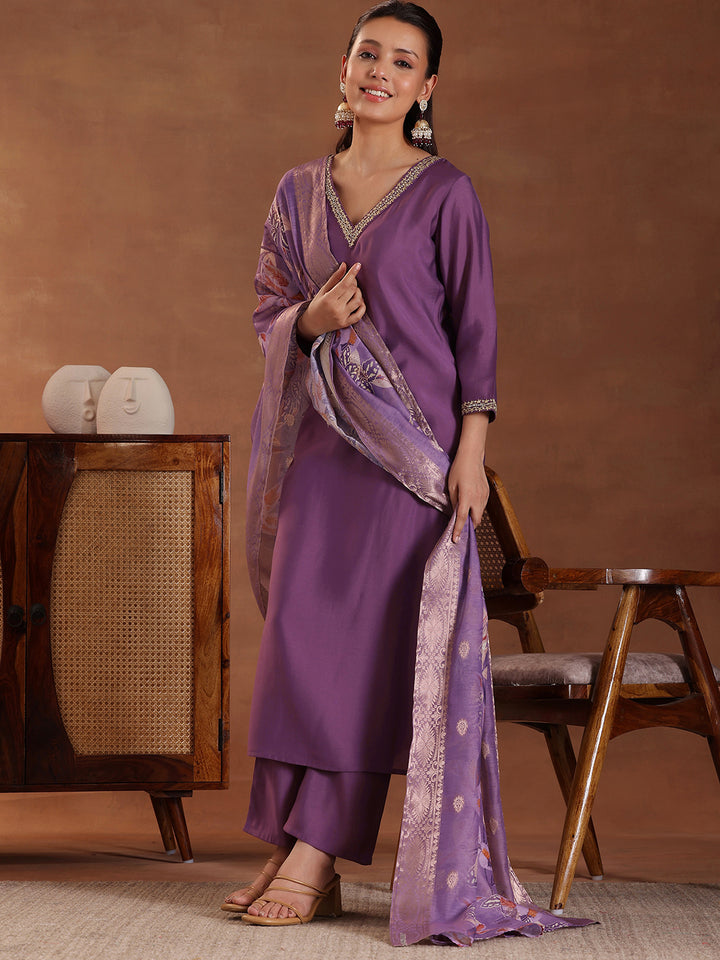 Purple Solid Silk Blend Straight Suit With Dupatta