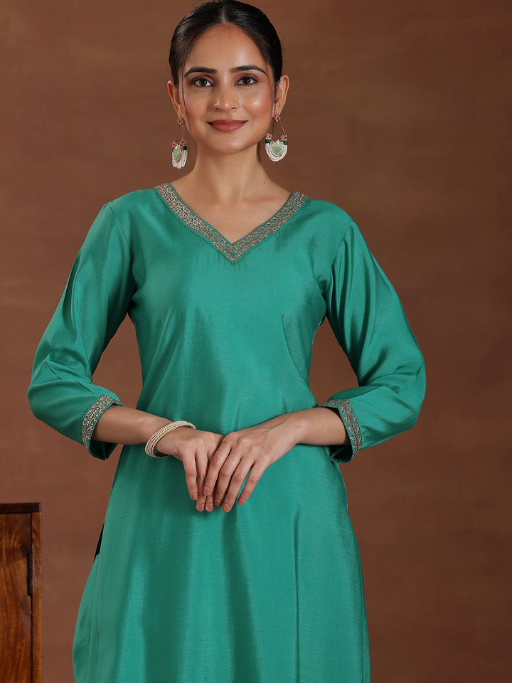 Blue Solid Silk Blend Straight Suit With Dupatta