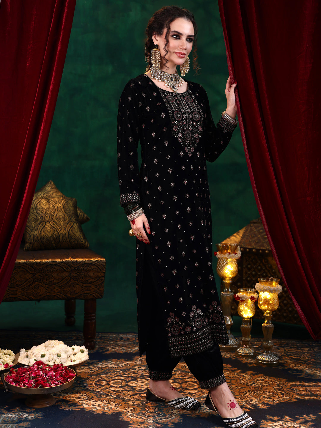 Black Embroidered Velvet Straight Suit With Dupatta