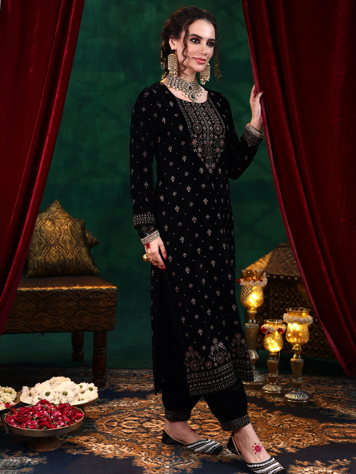 Black Embroidered Velvet Straight Suit With Dupatta