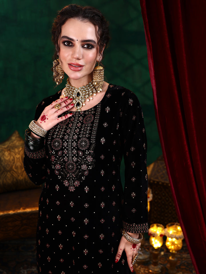 Black Embroidered Velvet Straight Suit With Dupatta