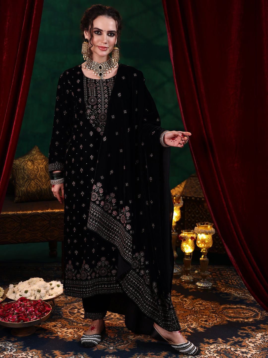 Black Embroidered Velvet Straight Suit With Dupatta