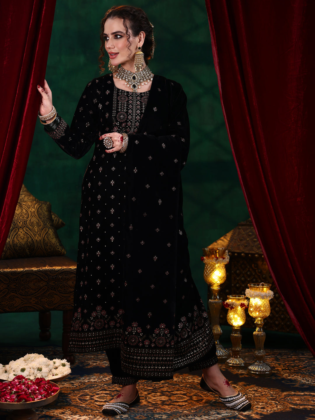 Black Embroidered Velvet Straight Suit With Dupatta