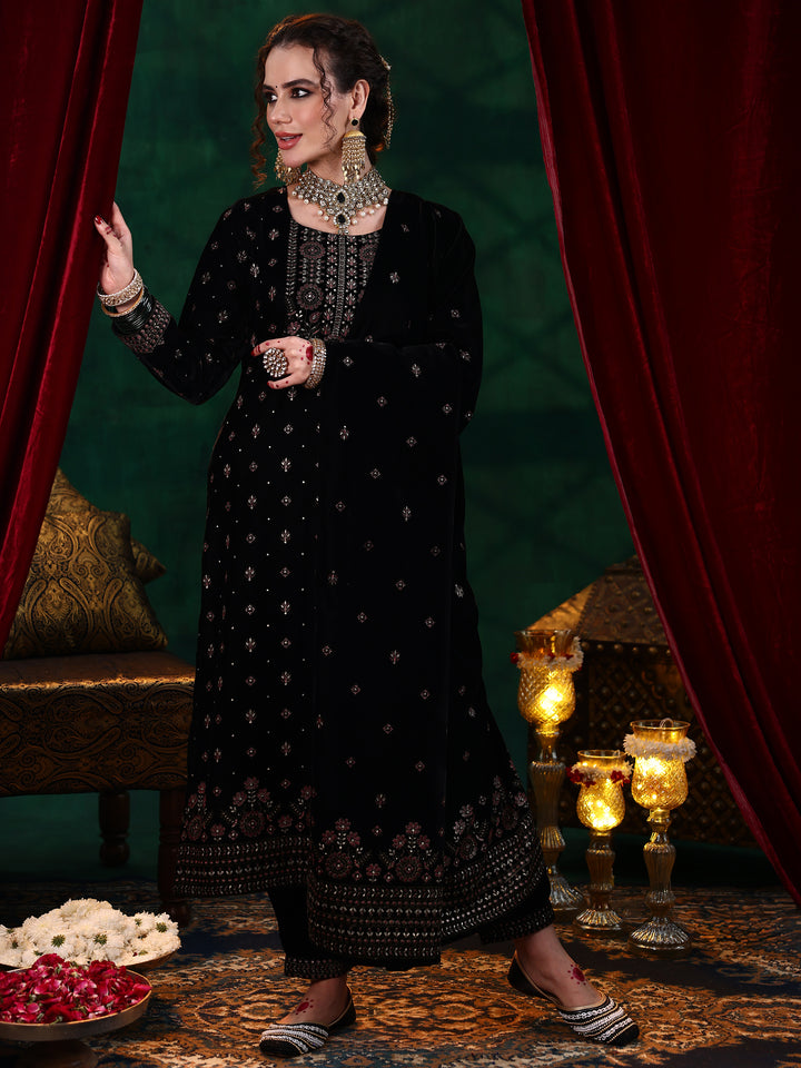 Black Embroidered Velvet Straight Suit With Dupatta