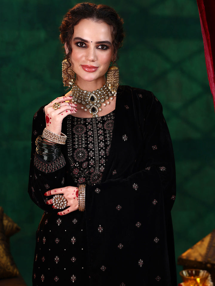 Black Embroidered Velvet Straight Suit With Dupatta