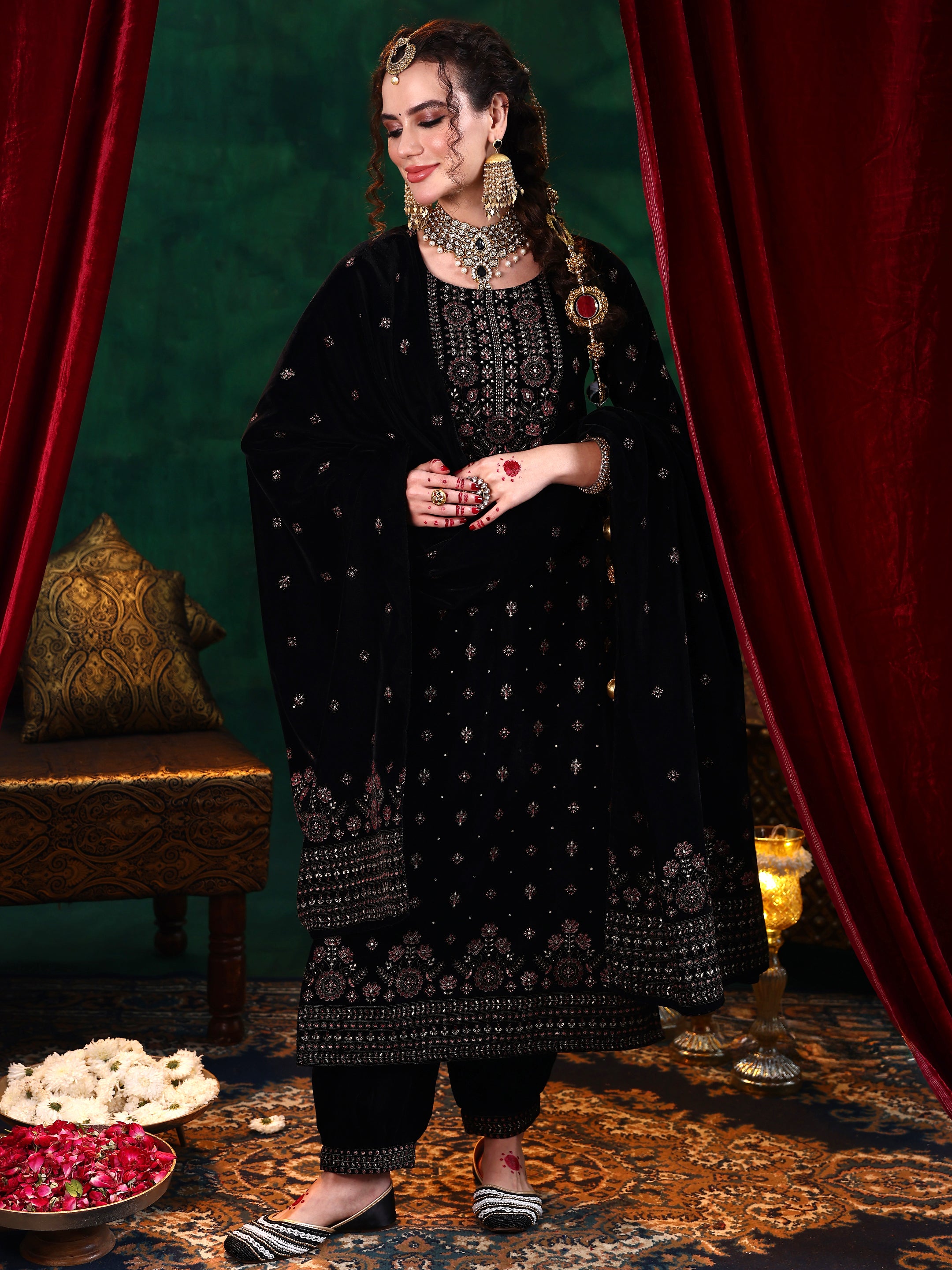 Libas Art Black Embroidered Velvet Straight Suit Set With Dupatta