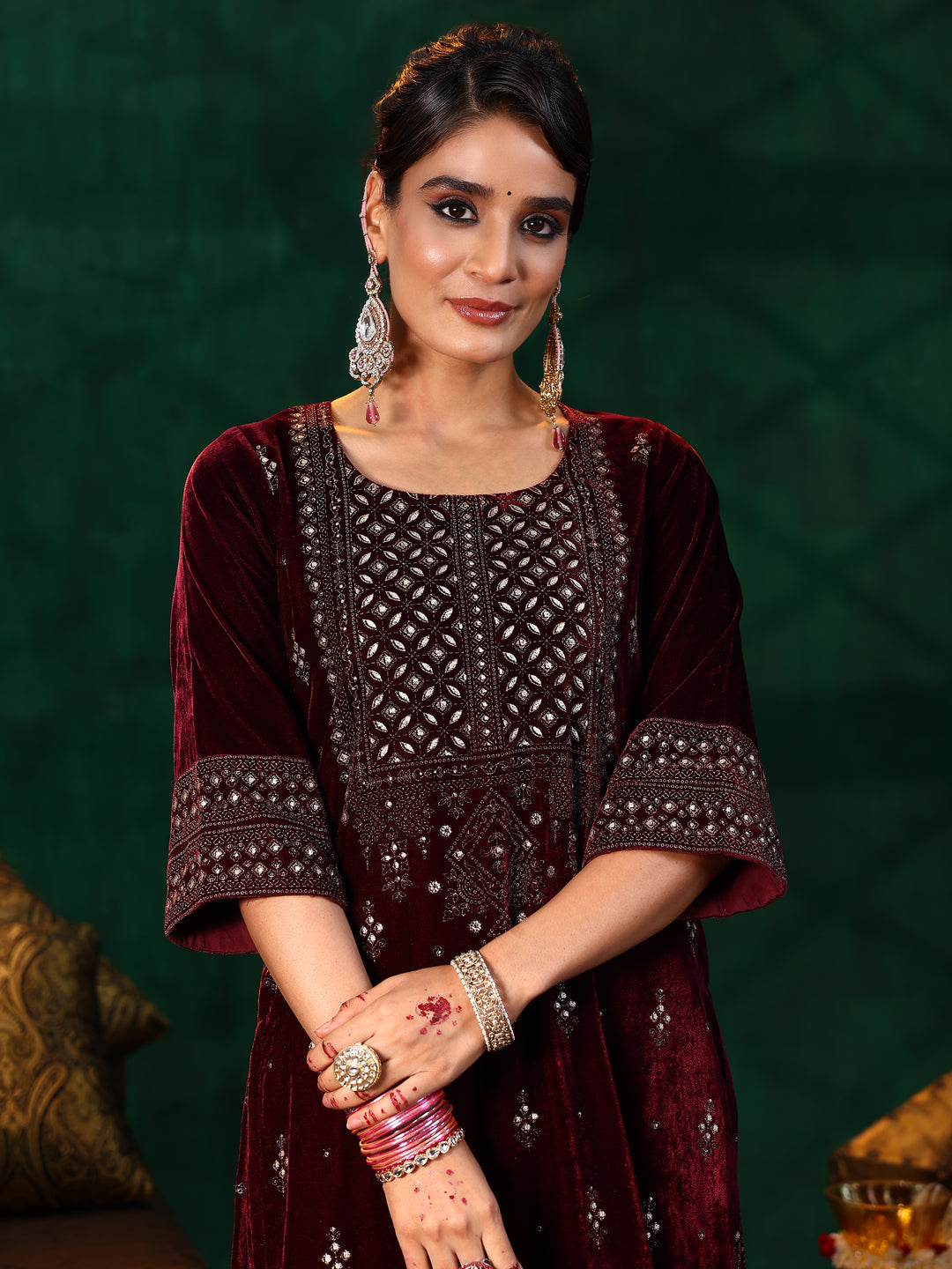 Burgundy Embroidered Velvet Straight Suit With Dupatta