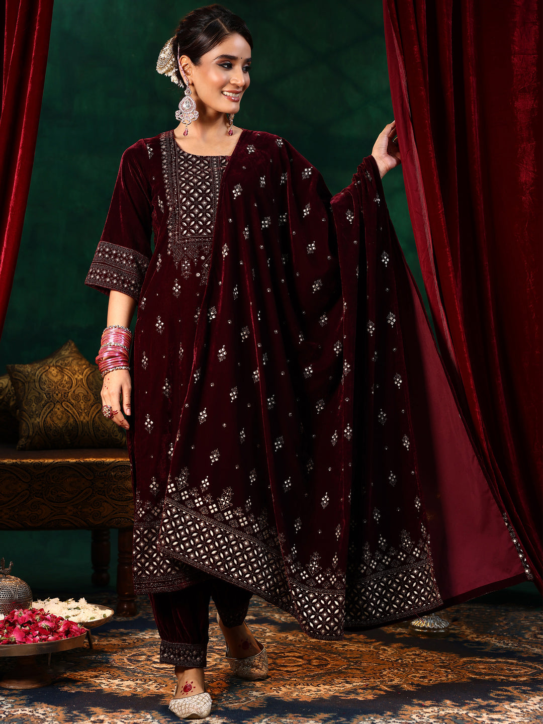 Burgundy Embroidered Velvet Straight Suit With Dupatta