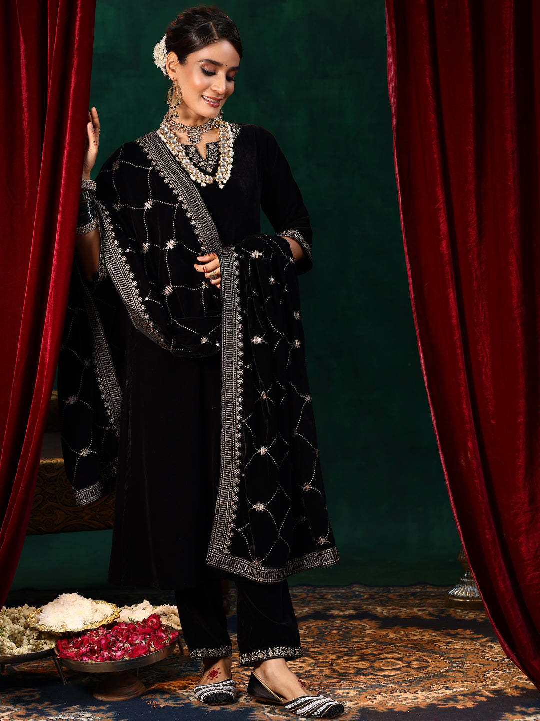 Black Solid Velvet Straight Suit With Dupatta