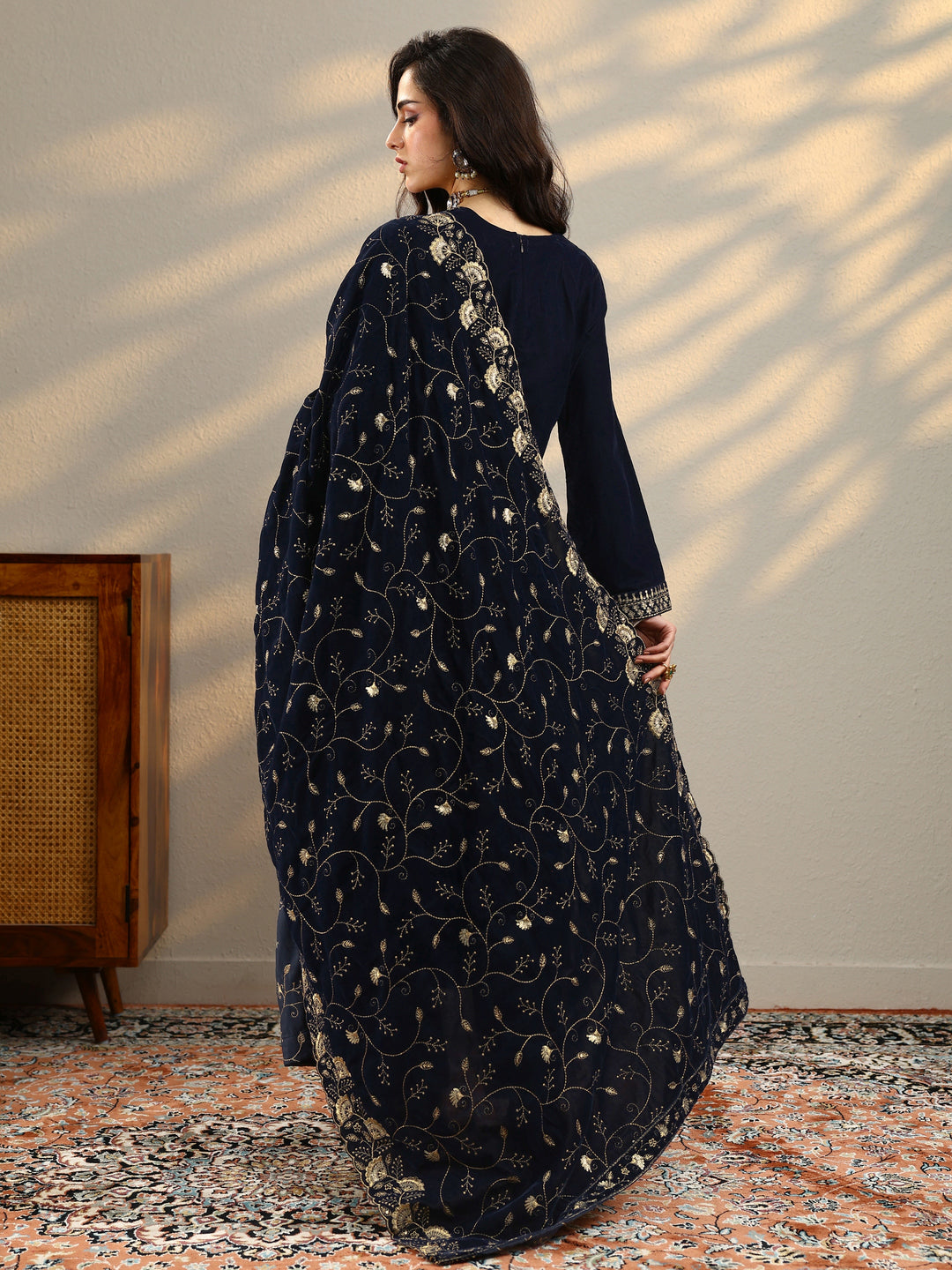 Blue Yoke Design Velvet Straight Suit With Dupatta