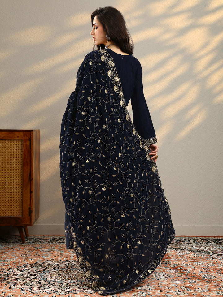 Blue Yoke Design Velvet Straight Suit With Dupatta