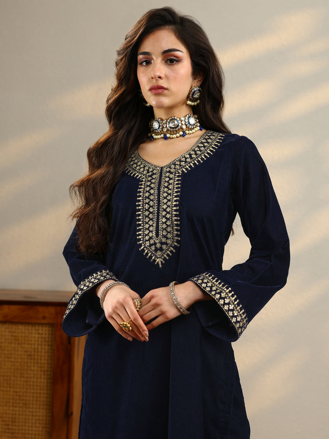 Blue Yoke Design Velvet Straight Suit With Dupatta