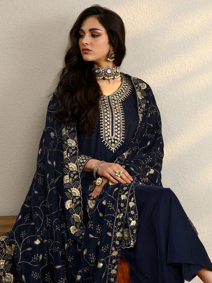 Blue Yoke Design Velvet Straight Suit With Dupatta