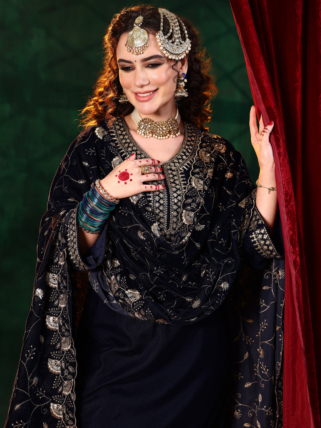 Blue Yoke Design Velvet Straight Suit With Dupatta
