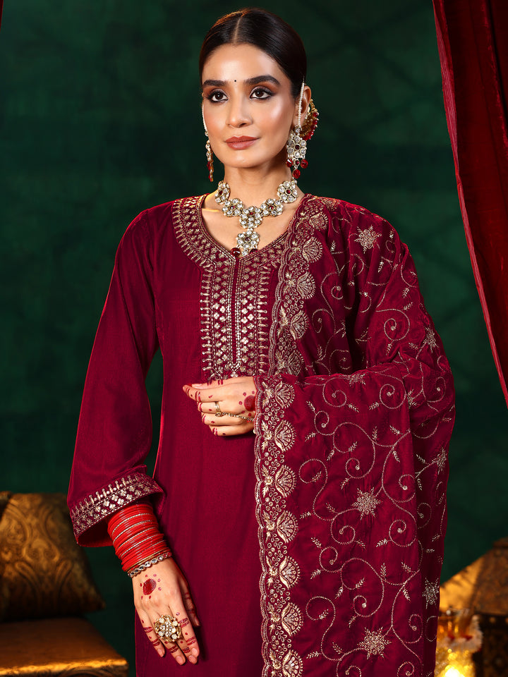 Red Yoke Design Velvet Straight Suit With Dupatta