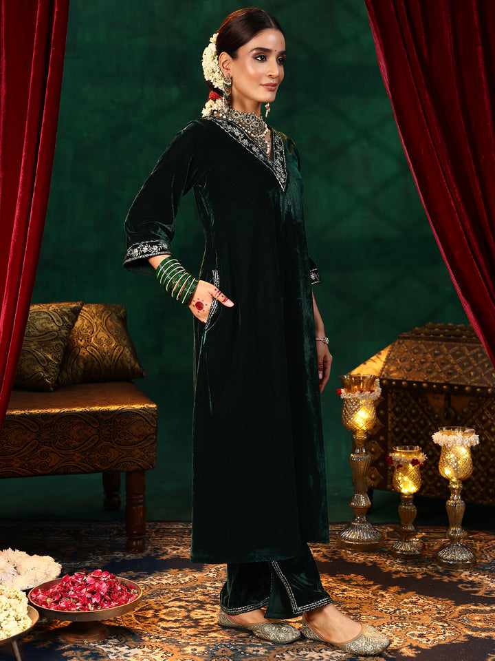 Green Yoke Design Velvet A-Line Kurta With Trousers & Dupatta