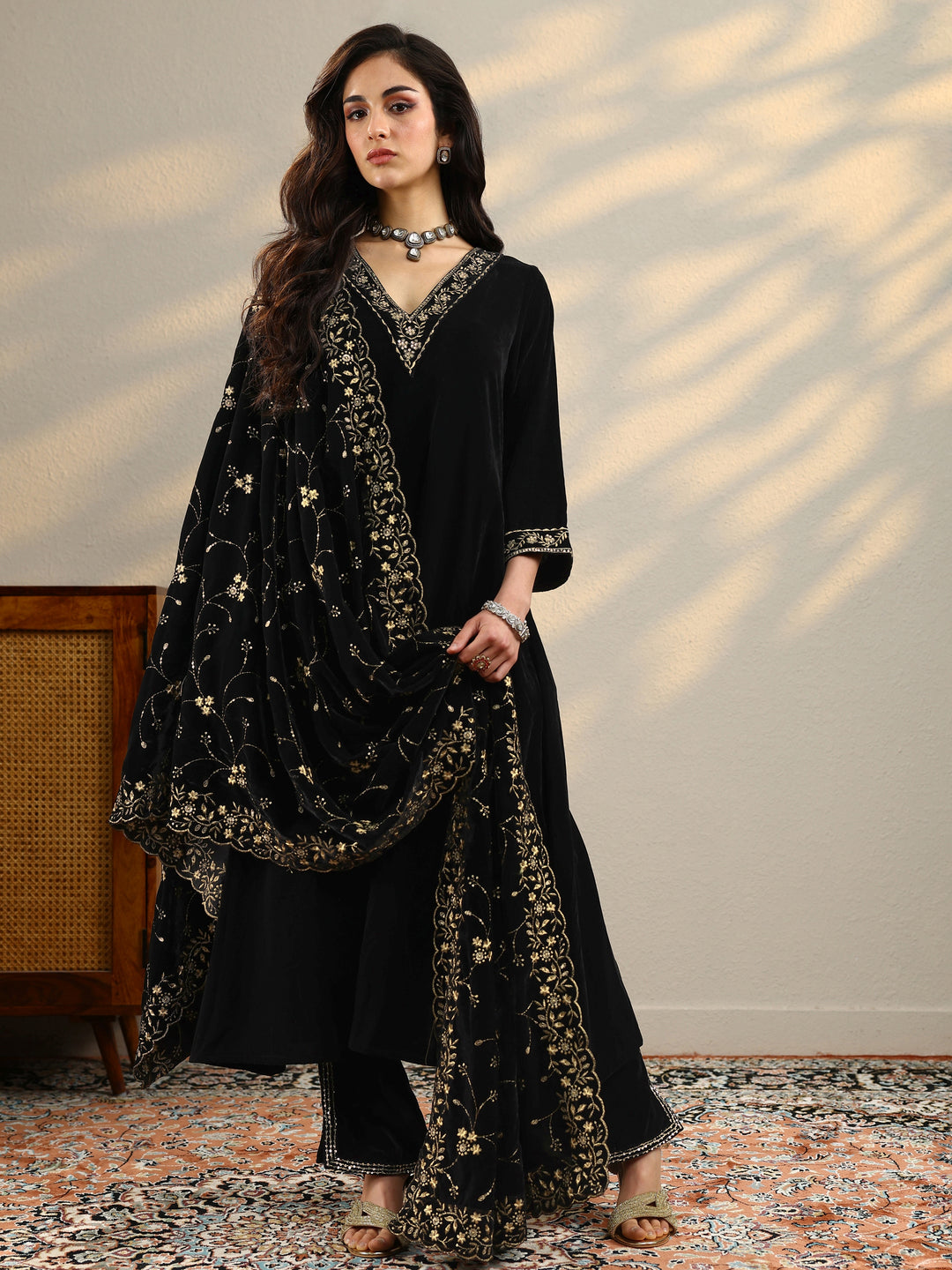Black Yoke Design Velvet A-Line Kurta With Trousers & Dupatta