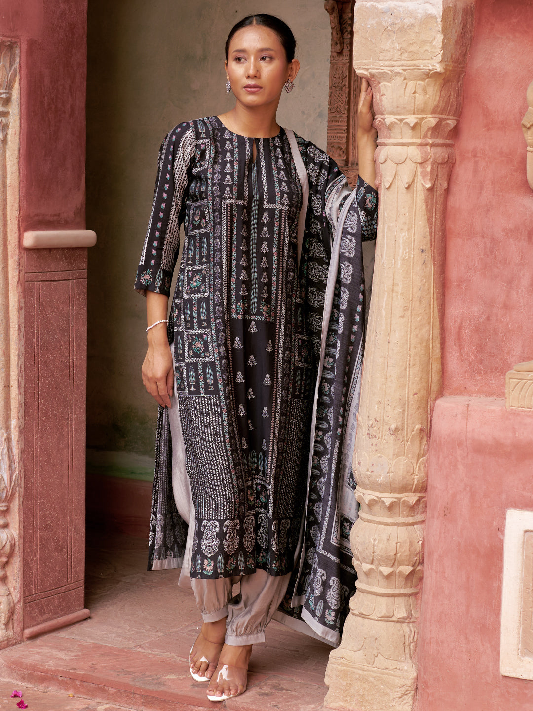 Black Printed Silk Blend Straight Suit With Dupatta