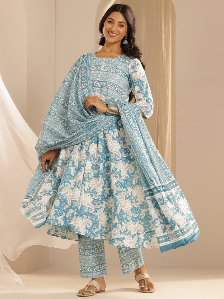 Blue Printed Cotton Anarkali Suit With Dupatta