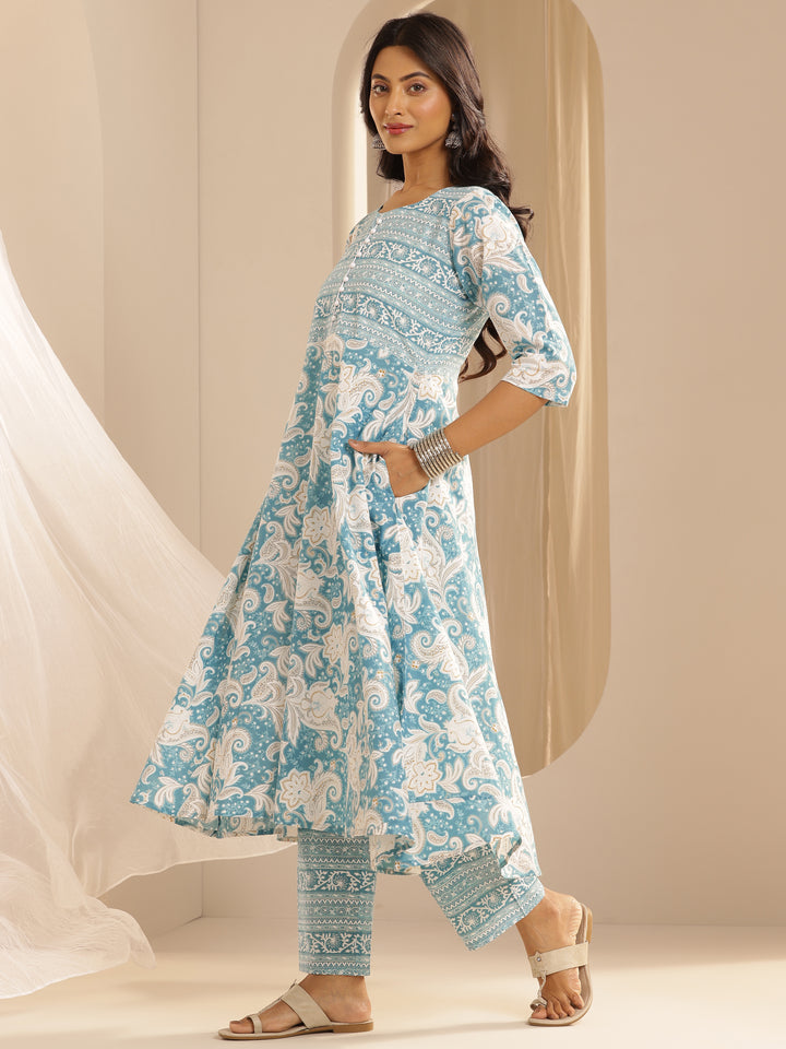 Blue Printed Cotton Anarkali Suit With Dupatta