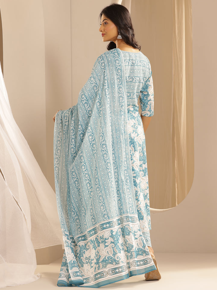 Blue Printed Cotton Anarkali Suit With Dupatta