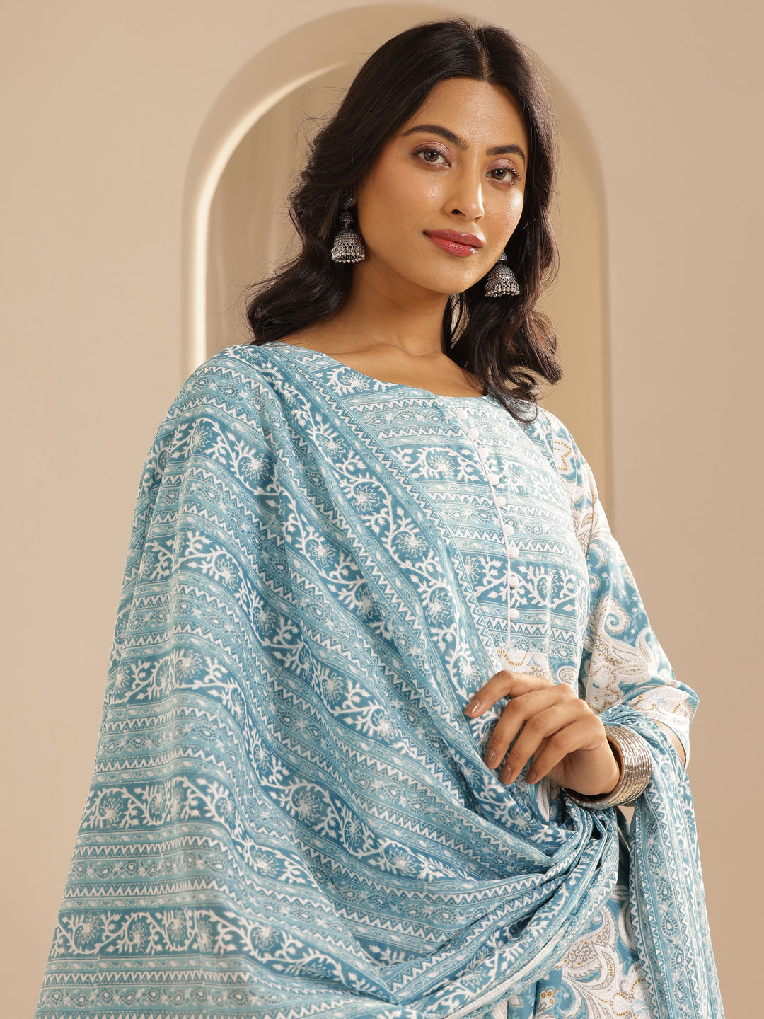 Blue Printed Cotton Anarkali Suit With Dupatta