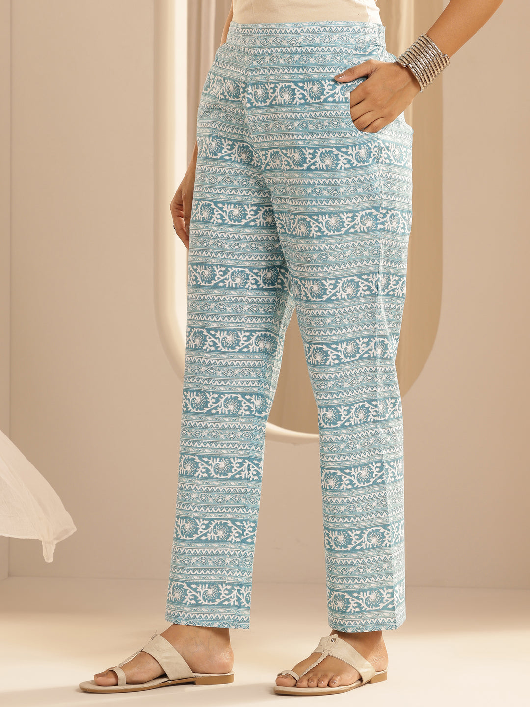 Blue Printed Cotton Anarkali Suit With Dupatta