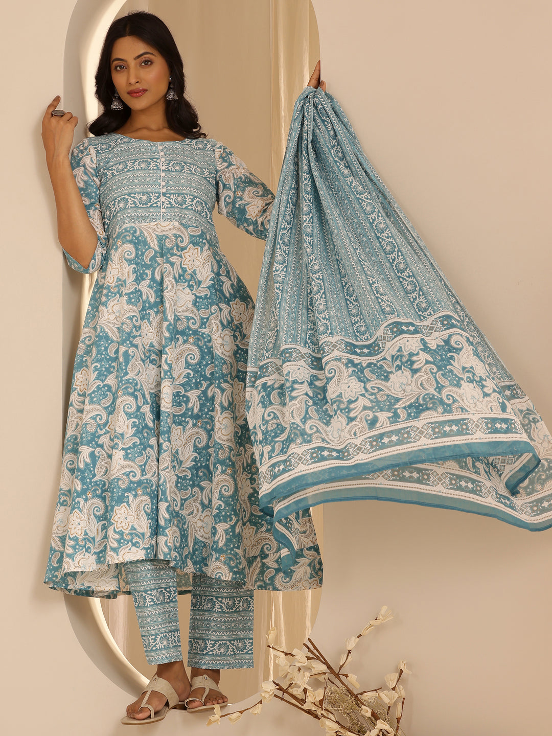 Blue Printed Cotton Anarkali Suit With Dupatta