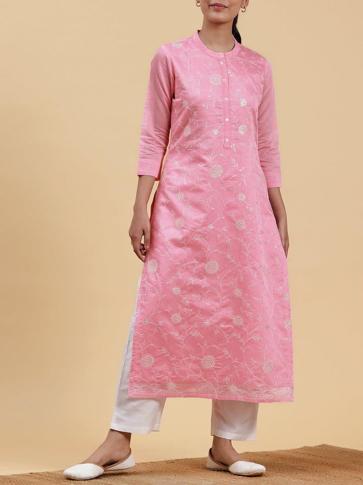 Pink Embroidered Chanderi Silk Straight Kurta